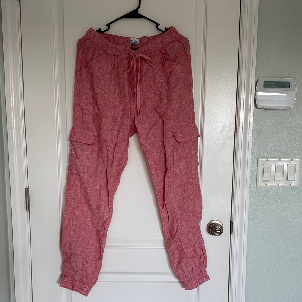 Nicole Miller Light Red 100% Linen Joggers Pants Size Small - Picture 2 of 8